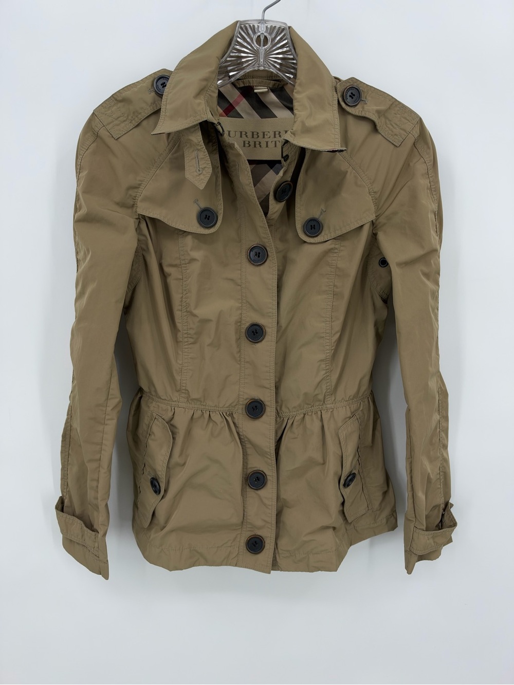 Burberry Brit Peplum Cargo Utility Rain Jacket Tan Size 4